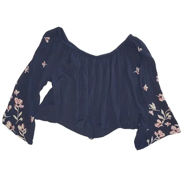 BILLABONG Light It Up Blue Floral Raglan Sleeves Crop Top Size Large - Picture 2 of 16